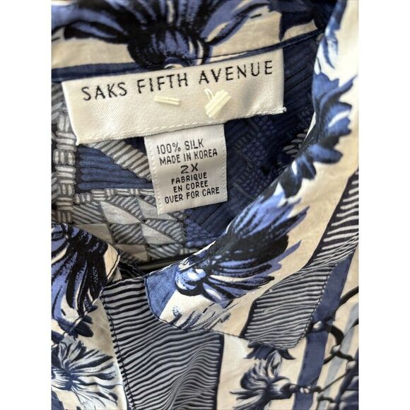 Saks Fifth Avenue Men Short Sleeve Button Shirt  2X Blue Tassel Print Silk - Picture 2 of 14